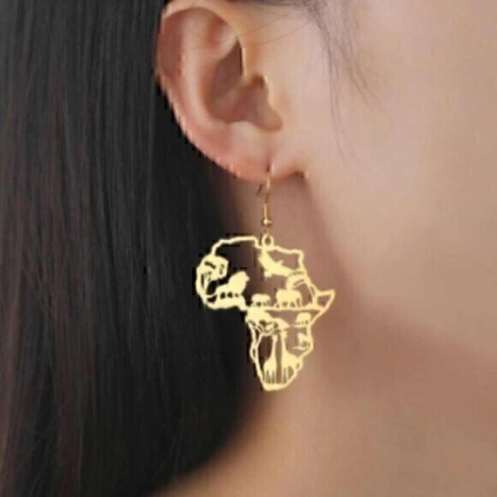 Gold Africa Map Animals Pendent Charm Lions Elephant Women's Earrings